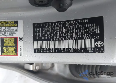 2018 Toyota Corolla Le из США, поврежденный, VIN 5YFBURHE6JP783673